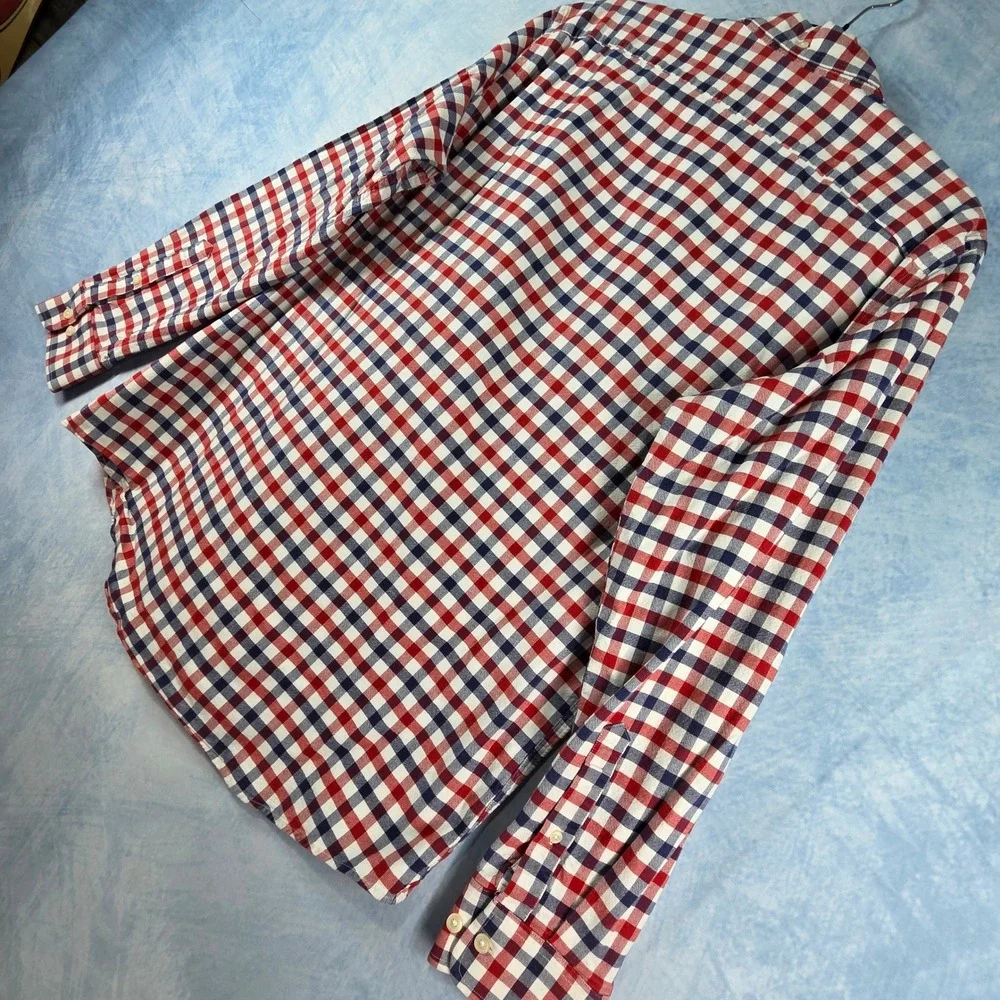 Banana Republic Mens Oxford Standard Fit Gingham Shirt Red White Blue Large